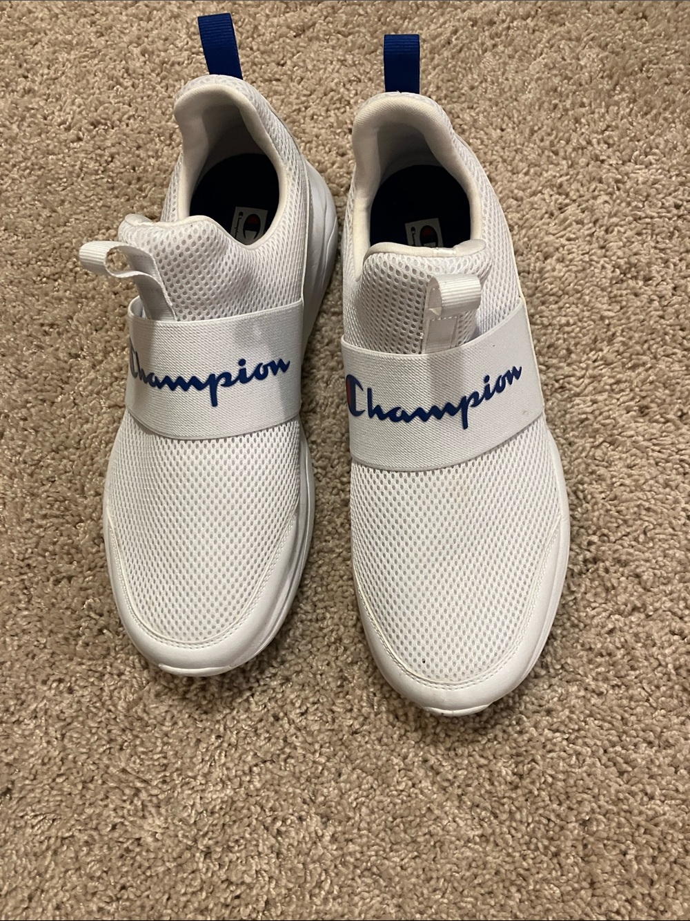 Champion Men’s White Slip-On Sneakers with Blue Logo Strap